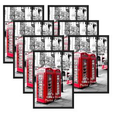 four red phone booths are shown in this black and white photo with the same color scheme