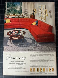 an advertisement for a new living room with red couch and coffee table in the center