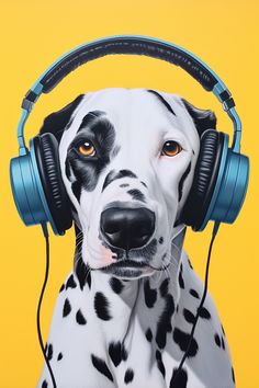 A photography of a dalmatian dog wearing blue headphones posing in a yellow background. Dog Modern Art, Headphones Png, Cute Dalmatian, Scrapbook Png, Dalmatian Dogs, Simple Iphone Wallpaper