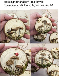 four pictures of mushrooms with ladybug on them and text that reads, here's another acorn idea for yy