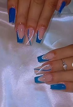 Ballerina Nails Designs Ideas, Royal Blue And Silver Nails, Nail Art Designs Simple, Acrylic Nail Designs Coffin, Fancy Nails Designs, Stylish Nails Designs, Simple Gel Nails, French Acrylic Nails, Pretty Nail Art Designs