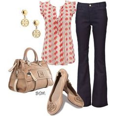 A fashion look from August 2012 featuring Wallis blouses, MiH Jeans jeans and Tory Burch flats. Browse and shop related looks. Dressy Jeans, Mode Tips, Stylish Mom, Elegante Casual, Casual Friday, Navy Blazer, Denim Trousers, Business Attire