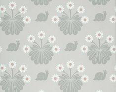 a gray and white wallpaper with flowers and rabbits on the bottom half of it