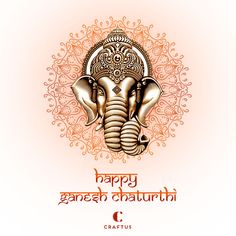 happy ganesh chaturtrii greeting card with an elephant head in gold and red