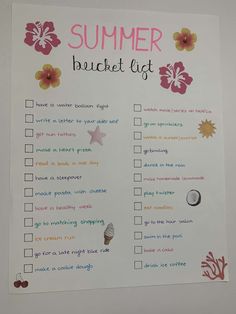 a summer bucket list is shown on a white board with pink flowers and orange leaves