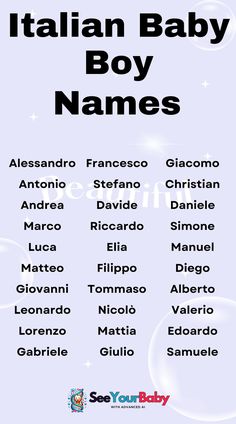 the italian baby boy names are shown in black and white, with stars above them