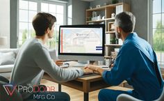 a man and woman sitting in front of a computer screen with the words pro door on it