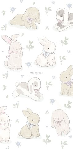 several drawings of rabbits and flowers on a white background