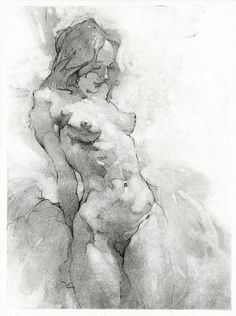 a black and white drawing of a naked woman with her back turned to the camera