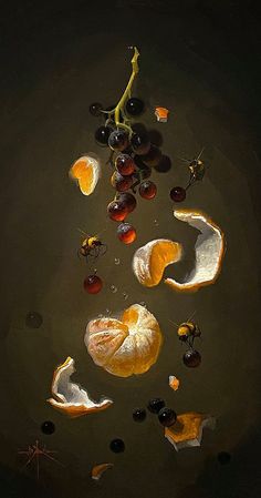 an oil painting of fruit floating in water