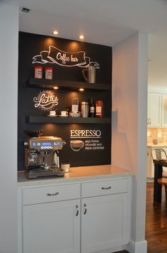 This ranch style home was renovated in 2016 with a new inspiring kitchen and bar by KabCoA simple design featuring custom shelveswhite cabinetry and a Coffee Organization Ideas, Backsplashes Kitchen, Coffee Bar Cart, Kitchen Design Countertops, Concrete Bar