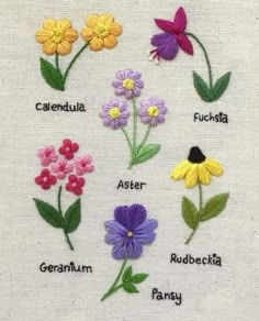 cross stitch flowers with the names of them in different colors and sizes, on a white background