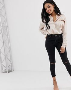 Petite Ridley high waisted skinny jeans in clean black with ripped knees | #jeans | #skinnyjeans | Asos Petite, Everyday Fashion Outfits, Petite Jeans, For Today, Jeans Style, Everyday Fashion, Access Denied, Fitness Models, Black Jeans