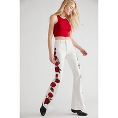 Fall In Love With These So Perfect Flares, Featured In A High-Rise, Curve-Hugging Silhouette With Stunning Floral Embroidery Down The Sides For An Added Touch Of Texture. Zip Fly And Button Closure Five-Pocket Design Soft, Stretch Denim By Driftwood Care/Import Machine Wash Cold Import Measurements For Size Regular Inseam: 34 In Contents 99% Cotton, 1% Spandex Brand New, With/Without Tags. May Have Been Tried On In Store, But In Like-New Condition. Line Thru Tag Is To Prevent Store Return Ec2 Jeans Free People, Hugging Silhouette, Free People Store, All Jeans, Free People Jeans, Flare Leg Pants, Kick Flares, Free People Pants, Pull On Pants