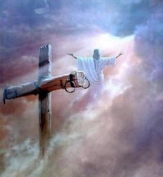 the crucifix with jesus on it is in the sky above clouds and has his arms outstretched