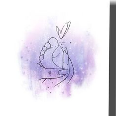 a drawing of a woman holding a baby in her arms on a purple and blue watercolor background