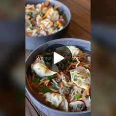 two bowls filled with food sitting on top of a wooden table next to each other