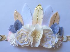 Gold Glitter Felt Feather Flower Crown- ready to ship / felt flowers / feather crown/ birthday crown/ photo prop Felt Feathers, Diy Birthday Crown, Felt Flowers Patterns, Crown Photo, Feather Crown, Crown Photos, Felt Crown, Crown Birthday, Diy Crown