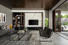 a living room filled with furniture and a flat screen tv on top of a wooden shelf