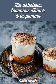 two desserts are sitting on a plate with spoons next to them and the caption reads, le deliciousieux tramin d'hiver du pomme