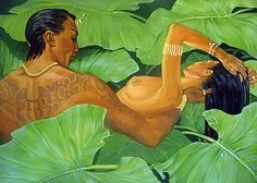 a painting of two people laying on top of large green leafy plants, one with tattoos and the other without