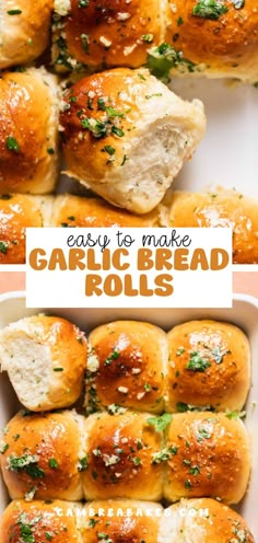 garlic bread rolls in a baking pan with text overlay