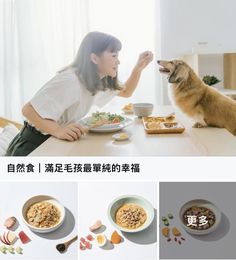 a woman is feeding her dog food at the table with bowls and plates on it