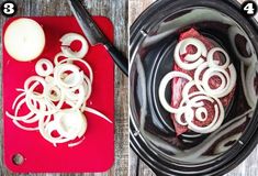 an image of food being cooked in the slow cooker before and after it has been cooked