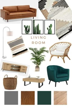 living room mood board in shades of brown, teal and white with text overlay