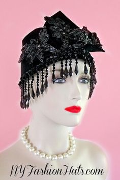 "Women's Winter Wool Cloche Old Hollywood Flapper Art Deco Fashion Designer Haute Couture Motf Premium Beaded Statement Pillbox Cloche Hat Headpiece. This 1920's Style Winter Wool Fashion Hat Is Trimmed With Black Handmade Wool Embellishments, Trimmed With Black Glass Beaded - Sequin - Rhinestone Appliques. Placed Around The Lower Crown Of This Art Deco Headpiece Are Sequin Rosettes. Dropping From The Rosettes Are Glass Beaded Embellishments Which Are Cut On A Slant. These Beaded Embellishments Art Deco Inspired Fashion, Art Deco Headpiece, Ladies Dress Hats, Braided Dress, Flapper Art, Vintage Style Hat, Deco Fashion, Luxury Hats, Ny Fashion