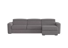 a gray couch with a recliner and ottoman in front of white background, side view