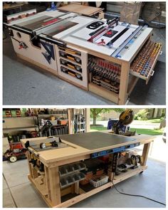 two pictures side by side showing the same workbench with tools on top and below