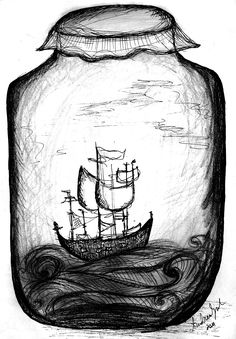 a drawing of a ship in a jar