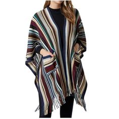 This Beautiful Shawl Scarf Is A Must-Have For Any Fashion-Forward Woman. With Its Eye-Catching Striped Pattern And Colorful Theme, It's Perfect For Adding A Pop Of Color To Any Outfit. Made From Polyester In A Knit Fabric, This Shawl Scarf Is Suitable For All Seasons, Including Winter. It Features Outside Pockets And Split Design, Adding Practicality To Its Stylish Look. Whether You're Heading To Work Or Going Out For A Night On The Town, This Wrap Winter Shawl Scarf Will Keep You Warm And Looki Fall Tunic, Kimono Shrug, Stripes Pattern Design, Cape Shawl, Cozy Wrap, Winter Shawl, Fringed Poncho, Split Design, Casual Outerwear