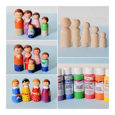 several photos of wooden peg dolls and paint bottles with different colors on them, including one for each family