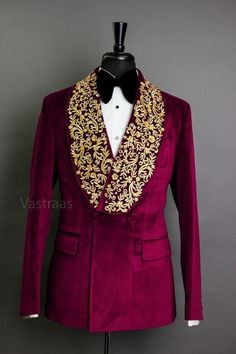 Stylish Designer Tuxedo Suit.    Top Details - Color - Wine, Fabric - Valvet Suiting. Bottom Details - Color - Black, Fabric - Premium Suiting, Bottom Style - Pant  Work Details - Heavy Handmade Zari Embroidery Work On Collar. Package include - Coat, Pant Special Note 1 - If you want any other changes in this please message us and tell us about your demands. Special Note 2 - Select Your Size According to your chest, also send your pant waist size and inseam length in inches so that we will make Mens Designer Blazers, Designer Tuxedo, Men Attire, Jacket Fabric, Outfit Wedding, Tuxedo Blazer, Work Suits, Ethnic Outfits, Blazer Designs