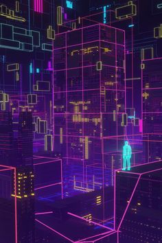 a man standing in the middle of a city with neon lights on it's buildings