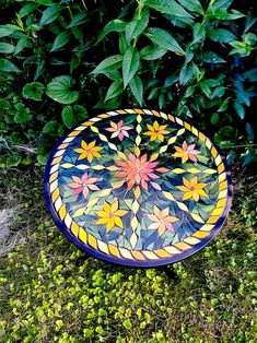 a colorful glass plate sitting on the ground in front of some grass and bushes with green leaves around it