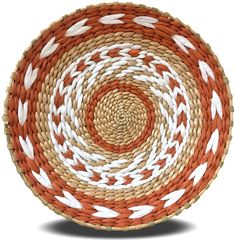 an orange and white basket is shown on a white background with the center circle made out of woven material