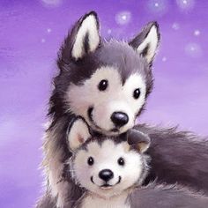 a painting of a husky dog and her puppies on a purple background with snow flakes