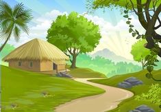 a painting of a small hut in the middle of a green field with trees and rocks