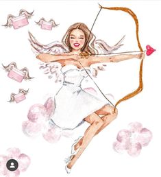 a drawing of a woman holding a bow and arrow in the air with hearts around her