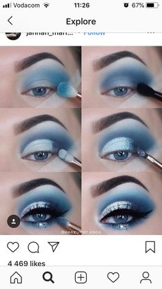 Light Blue Eyeshadow Looks Step By Step, Blue Eyeshadow Looks Step By Step, Blaues Make Up, Blue Hair Costume Ideas, Ice Blue Makeup, Vintage Makeup Ideas, Blue Fairy Makeup, Icy Blue Eyeshadow, Makeup Bleu