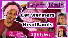 a woman wearing a pink knitted headband with text that reads, loom knit ear warmers headbands