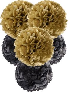 three black and gold flowers are shown in this image