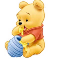 a winnie the pooh bear sitting on top of a blue ball with honey in it's mouth