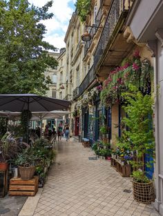 an alley way with lots of plants and people walking