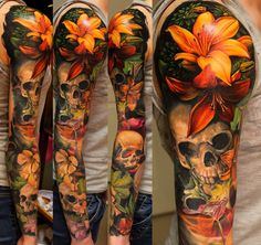 tattoos with flowers and skulls on the arms, both in different colors are shown here