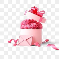 a pink box with roses and an envelope on the ground, surrounded by ribbons and hearts