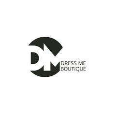 the logo for dress me boutique, which is designed in black and white with an arrow